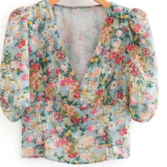 ZARA Printed Floral Short Puff Sleeve Satin Crop Blouse Women’s Size S NWT. - Picture 4 of 6